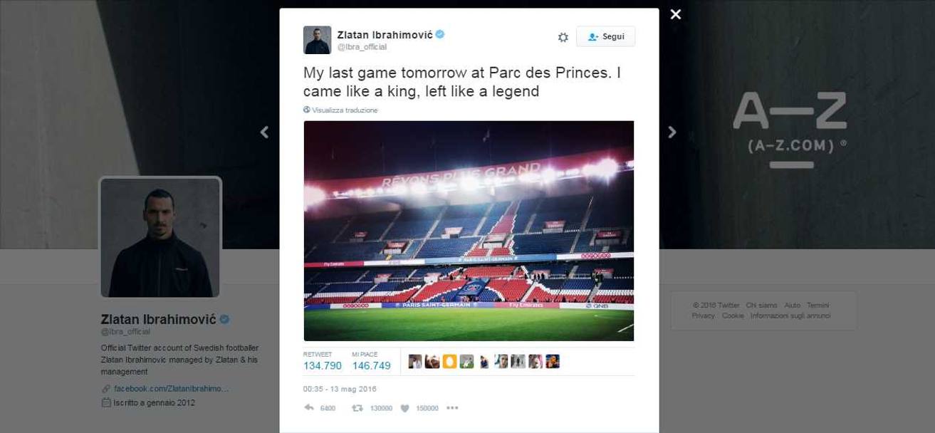 8. Zlatan twitta la sua impazienza di giocare la sua ultima partita come giocatore del PSG – 135.000 retweet